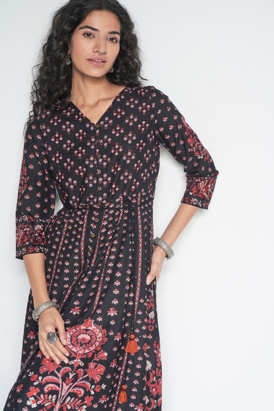 Black Floral Flared Kurta, Black, image 1